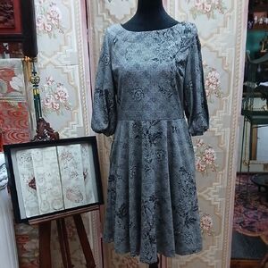 🌸 Elegant Alton Gray Floral Dress with Puff Slit Sleeves and Pockets Sz 14